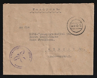 1942 (9 May) Third Reich, Germany, Military Mail Field Post Feldpost Stampless free tariff Cover to NSKK Transport Squadron 54 (National Socialist Mechanized Corps) in Szczecin (Poland), blue Official seal handstamp with Field Post Number '44129 S'