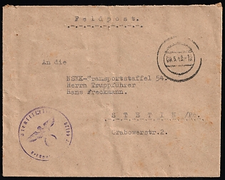 1942 (9 May) Third Reich, Germany, Military Mail Field Post Feldpost Stampless free tariff Cover to NSKK Transport Squadron 54 (National Socialist Mechanized Corps) in Szczecin (Poland), blue Official seal handstamp with Field Post Number '44129 S'