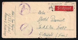 1942 (20 Jan) Third Reich, Germany, Military Mail Field Post Feldpost Stampless free tariff Cover from '1 B.L.K. f. U-Boote' Training Construction Company (U) Warship Construction Training Division North Sea Submarines in Bremen to 'R.A.D.' Reich Labour Service in Dreetz, machine advertising postmark with event advertising 'Leipzig Imperial Fair. Spring 1942, March 1–5', with red label 'Feldpost', with two round purple official seals '1 B.L.K. f. U-Boote', pencil mark '14' on the back side