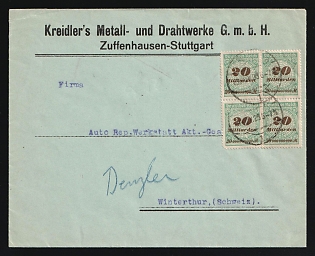 1923 Weimar Republic, Germany, Commercial Cover from 'Kreidler’s Metal and Wire Works Ltd.' in Stuttgart to Auto Repair Workshop Ltd. Dengler in Winterthur (Switzerland), franked with block of four 4 x 20Mrd, with blue crayon postal marking