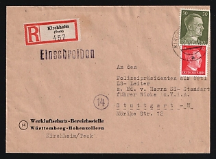 1945 (31 Jan) Third Reich, Germany, Registered Cover from Regional Factory Air Defense Department Wurttemberg-Hohenzollern in Kirchheim unter Teck to the chief of police as local air defense commander, Mr. Standartenfuhrer-SS in Stuttgart, franked with 12pf, 30pf, with registration label '457' and violet registration handstamp, round handstamped registration markings '14', arrival postmark, on the back side, with the slogan 'City of Germans Abroad'