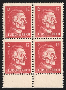 1944 12pf Hitler-Skull, 'Futsches Reich', Private Issue Propaganda Forgery of Hitler Issue, Anti-German Propaganda, Block of Four, Margin