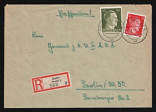 1943 (5 Mar) Third Reich, Germany, Military Mail Registered Cover from Halle (Saale) to the General for Special Assignments at the General Directorate of the Wehrmacht Land Forces (A.H.A.) in Berlin, franked with 12pf, 30pf, with registration label '568 y' and green registration handstamp