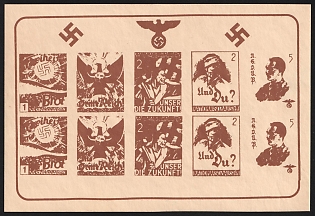 1920-1945 'NSDAP Labels Strip of Se-Tenant Labels was Sold to Raise Funds for the NSDAP Election Campaign of 1930. The First 3 Values Were Designed by Hans Schweitzer (Mjolnir)', Nazi Germany Third Reich Propaganda Label Stamps, Block, Proof, Rare