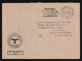 1937 (27 Apr) Third Reich, Germany, Stampless Cover of the Reich Commissioner for Pricing in Berlin to the Anhalt State Ministry, Department of Economic Affairs, Price Control Office in Dessau, with official seal 'Colonel General Goring, Commissioner for the Four-Year Plan, Reich Commissioner for Price Formation', handstamp in a frame 'Free through redemption, the Reich', advertising postmark '6 National Meeting of Large Families, June 5-8, 1937 in Frankfurt am Main', violet handstamped marking 'I 53'