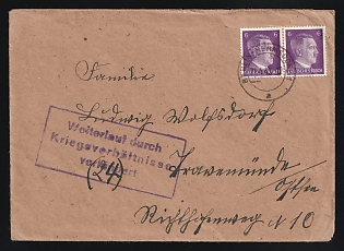 1945 (21 Apr) Third Reich, Germany, Cover from Berlin-Hermsdorf to Swinoujscie (Poland), franked with Pair 2 x 6pf, purple rectangular postmark 'Further shipment is delayed due to wartime circumstances', handwritten marking '(24)', red crayon post-war marking 'Received Oct. 1949' on the back side (perhaps the letter was delivered only in October 1949)