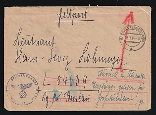 1944 (23 Oct) Third Reich, Germany, Military Mail Field Post Feldpost Stampless free tariff Cover from Bestwig to Luftgau Postamt Breslau (now Wroclaw, Poland) (Territorial Command of the German Air Force - Luftwaffe), violet round Official seal 'Office Field post number L 54639', with handstamped registration marking '21' on back side, red crayon postal marking, handwritten note 'Return to sender. The recipient died for Greater Germany.'