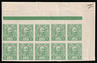 1902 5h Montenegro, Part Sheet, Margin, Green control strips, Imperforate