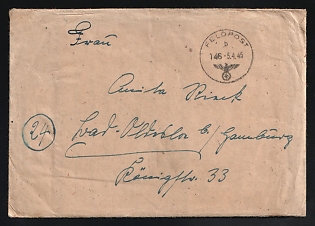 1945 (5 Apr) Third Reich, Germany, Military Mail Field Post Feldpost Stampless free tariff Cover to Harburg near Hamburg, with handstamped registration marking '24', Field post number '41794' on back side