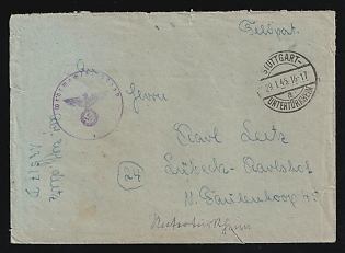 1945 (29 Jan) Third Reich, Germany, Military Mail Field Post Feldpost Stampless free tariff Cover from Stuttgart-Unterturkheim to Lubeck-Karlshof, with violet round Official seal 'Wehrmacht', handstamped registration marking '24', Field post number '13517 D'