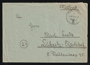 1945 (9 Jan) Third Reich, Germany, Military Mail Field Post Feldpost Stampless free tariff Cover to Lubeck-Karlshof, with handstamped registration marking '24'