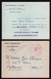 1941 (21 Mar) Vichy France, Official Free Frank Cover and Cinema Invatation Card from the General Secretariat of Information
