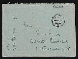 1945 (3 Jan) Third Reich, Germany, Military Mail Field Post Feldpost Stampless free tariff Cover to Lubeck-Karlshof, Field post number '13517 D'