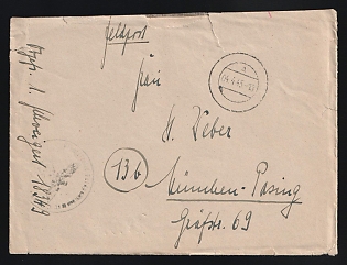 1945 (4 Apr) Third Reich, Germany, Military Mail Field Post Feldpost Stampless free tariff Cover to Munich-Pasing, with Official seal 'Office Field post number 18349', handstamped registration marking '13b'