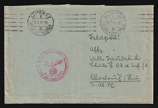 1942 (14 Jul) Third Reich, Germany, Military Mail Field Post Feldpost Stampless free tariff Cover from Leipzig to Military training ground in Ohrdruf, with machine Postmarks 'Leipzig - Imperial Fair City', pink round Official seal 'Letter cancel, Leipzig N 22, Hindenburg Barracks'