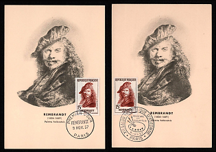 1957 (9 Nov) French Republic, 'Rebrandt Self-Portrait'  Picture Postcards franked with 15f, tied by 'Premier Jour Paris' Commemorative Cancellation, Thematic Group