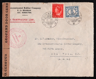 1941 (18 Nov) Censored international cover from Kisaran (Netherlands Indies, Indonesia) to New York (USA), franked by 5c and 10c (Netherlands Indies), canceled by Kisaran postmark. Red typewritten "VIA TRANSPACIFIC LINE.", pink circular "DEVIEZEN CENSUUR / 5 / NED. INDISCH INSTITUUT" whats mean "Foreign Exchange Censure / 5 / Netherlands Indies Institute", printed text on paper censor tape "GEOPEND DOOR CENSUUR / DIBOEKA OLEH CENSUUR" whats mean "Opened by Censor"