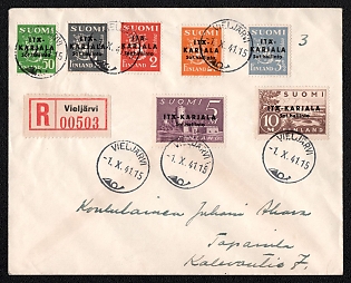 1941 (1 Oct) Registered first day cover from Vieljärvi/Vedlozero (Finnish occupation USSR/Eastern Karelia/Itä-Karjala) to Tapanila (Finland), franked by 50p, 1.75m, 2m, 2.75m, 3½m, 5m and 10m with overprint "Itä-Karjala Sot.hallinto", complete series (Finnish occupation USSR/Eastern Karelia/Itä-Karjala) canceled by Vieljärvi postmark. Arrive in Tapanila October 8, 1941