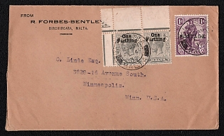 1932 (4 Feb) Cover from Valleta (Malta) to Minneapolis (USA), franked by 1d with "Postage" overprint and a pair of 2d with "One Farthing" overprint (Malta), canceled by Valleta Postmark. No arrival postmark