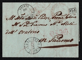 1846 (20 Nov) Pre-philatelic stampless international letter sheet disinfected mail from Smyrne (Turkey) French P.O. to Palermo (Italy), payment postmark red oval cachet "FRANCO", black rectangular "PD" (Paid to Destination), red handwritten rate "5". Black double circle "PURIFIE LAZARET / MALTA" (Purified at the Malta infirmary) disinfection postmark, knife-slit disinfection marks. Via Napoli transit postmark, red "NAPOLI1846/ 29. NOV". Arrive in Palermo December 6, 1846