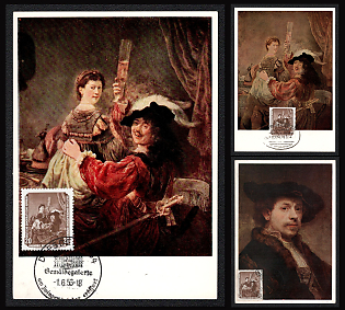 1974 German Democratic Republic (GDR), 'Self Portrait with his Wife Saskia' Rembramdt van Rijn, Commemorative Picture Postcards franked with 20pf, Thematic Group