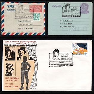 1989 Republic of India, 'Charlie Chaplin Birth Centenary Exhibition. Cine Central Calcutta' Covers tied by Commemorative Cancellations, Thematic Group