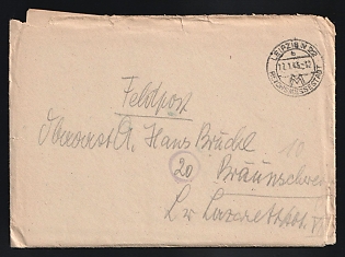 1945 (17 Jan) Third Reich, Germany, Military Mail Field Post Feldpost Stampless free tariff Cover from Leipzig to Military Hospital, Department VII in Braunschweig, with round postmark 'Leipzig Imperial Fair City', handstamped registration markings in circle with number '24' and number '10' on back side