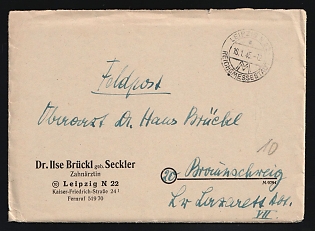 1945 (18 Jan) Third Reich, Germany, Military Mail Field Post Feldpost Stampless free tariff Cover from Leipzig to Military Hospital, Department VII in Braunschweig, with round postmark 'Leipzig Imperial Fair City', handstamped registration markings with number '20' in circle, and number '10', Adverising of 'Dentist Dr. Ilse Bruckl, nee Seckler, Leipzig N 22, Kaiser Friedrichstrasse 24, ground floor, Telephone 519 70.'