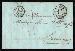 1851 (6 Apr) Pre-philatelic stampless international letter sheet Constantinople, French post office (Turkey) to Livorno (Italy), payment postmark handwritten rate "41", black double circle "LIVORNO / VIA DI MARE / C" whats mean "LIVORNO / BY SEA / C"  maritime postmark. Arrive in Livorno March 9, 1851