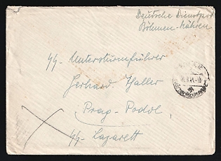 1941 (26 Sep) Third Reich, Germany, SS Military Mail Stampless free tariff Cover from Graz (Austria) to SS Military HospitaI in Prague-Podoli (Czech Republic), via German Official Postal Service in Bohemia and Moravia, with round postmark 'Graz City of ethnic Germans', black crayon postal marking