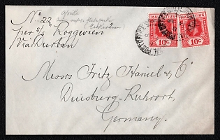 1934 (16 May) International cover from Port-Louis (Mauritius) to Duisburg-Ruhrort (Germany), franked by a pair of 10c (Mauritius), canceled by "GENERAL / POST OFFICE / MAURITIUS" postmark. Handwritten route "Per s/s "Roggeween" / Via Durban". Arrive in Duisburg-Ruhrort May 16, 1934
