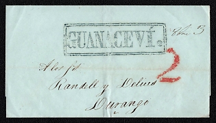 1845 (ca.) Pre-philatelic stampless letter sheet from Guanacevi (Mexico) to Durango (Mexico), payment postmark red cachet rate "2", black handwritten "Franco 3" rate. Black rectangular "GUANACEVÍ." postmark. No arrival postmark