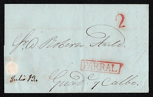 1844 (13 Jul) Pre-philatelic stampless letter sheet from Parral (Mexico) to Guadalupe y Calvo (Mexico), payment postmark red cachet rate "2", black rectangular "PARRAL" postmark. No arrival postmark