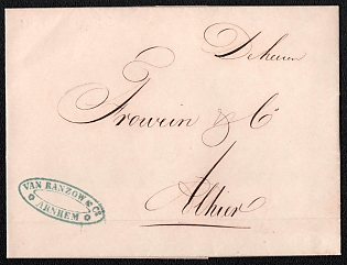 1862 Stampless letter sheet within Arnhem (Netherlands), payment postmark red cachet rate "2", oval forwarding agent cachet "VAN RANZOW & Co / ARNHEM"