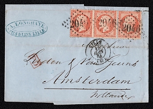 1864 (Jun) International cover from Lille (France) to Amsterdam (Netherlands), franked by three 40c (France), canceled by "2246" in diamond of dots postmark, payment postmark red rectangular "PD". Blue oval "A. LONGHAYE / FILS & LINS. LILLE" sender's cachet. Arrive in Amsterdam June 16, 1864