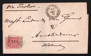 1871 (30 Sep) International cover from Palermo (Italy) to Amsterdam (Netherlands), franked by 40c (Italy), canceled black "186" numeral de points postmark, payment postmark black rectangular "PD" (Paid to Destination). Handwritten routing "Via Tirolo", Via Verona October 2, 1871 transit postmark, Via Ala, black circular "VERONA-ALA / OTT. /(AMBULANTE)" October 3, 1871 T.P.O. postmark. Arrive in Amsterdam October 5, 1871