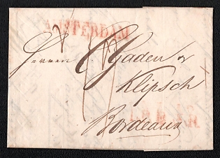 1821 (27 Oct) Pre-philatelic stampless international registered letter sheet from Amsterdam (Netherlands) to Bordeaux (France) payment postmark black handwritten "2" and "19" rates