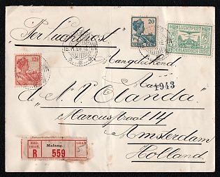 1929 (15 Nov) International registered airmail cover from Malang (Netherlands Indies, Indonesia) to Amsterdam (Netherlands), franked by 12½c, 20c and 75c green airmail stamp, canceled by Malang postmark. Handwritten airmail instruction "Per Luchtpost", handwritten registration instruction "Aangeteekend". No arrival postmark