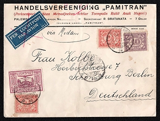 1931 (28 Mar) International airmail cover from Palembang (Netherlands Indies, Indonesia) to Berlin (Germany), franked by two 2½c, 10c, and 10c airmail stamp, canceled by Palembang postmarks. Air tag crossed out handwritten routing instruction "via Medan", via Singapore March 30, 1931 postmark on reverse, "The Big Trail" Fox movie promotional nonpostal stamp on reverse. No arrival postmark