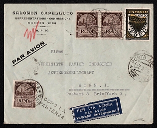 1934 (22 Mar) International airmail cover from Rodi (Rhodes, Italy) to Wien (Austria), franked by three 50c and 50c airmail stamp (Rhodes, Italy), canceled by "POSTA AEREA * RODI (EGEO) airmail postmarks. Linear "Dopo la partenza" means "«Posted after departure» postal marking. Via Brindisi March 23, 1934. Via Venezia March 24, 1934. Via Firenze March 24, 1934. Arrive in Wien March 25, 1934