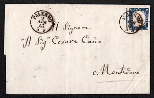 1863 (2 Apr) Letter sheet from Palermo (Italy) to Montedoro (Italy), franked by 15c (Italy) canceled by Palermo postmark. Via S. Caterina April 3, 1863. Via Serradifalco April 4, 1863. No arrival postmark