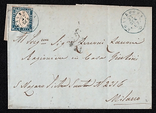 1862 (27 Jan) Letter sheet from Gravedona (Italy) to Milano (Italy), franked by 20c (Sardinia, Italy), canceled by Gravedona postmark, Via Larto January 27, 1862. Arrive in Milano January, 1862