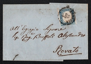 1864 (14 Jun) Cover from Brescia (Italy) to Rovato (Italy), franked by 20c (Sardinia, Italy) canceled by Brescia postmark. Via Milano June, 1864 unreadable postmark. No arrival postmark