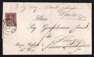 1856 Letter sheet to Firenze (Tuscany, Italy), franked by 1cr (Tuscany, Italy). Redirected from Pieve S. Stefano to Firenze with crossed out destination town. Unreadable circular postmark on reverse