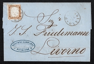 1862 (28 Jun) Cover from Pitigliano (Italy) to Livorno (Italy), franked by 10c (Sardinia, Italy) canceled Pitigliano postmark, blue oval "GIACOMO GASPARRI / PITIGLIANO" forwarding agent cachet. Black circular "AMB. FIR. LIV. N. 1" (Ambulante Firenze-Livorno) T.P.O. June 30, 1862 on reverse. Arrive in Livorno June 30, 1862