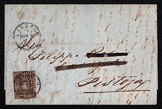 1860 (Nov) Letter sheet from Livorno (Toskano, Italy) to Pistoia (Toskano, Italy), franked 10c (Toskano, Italy) canceled by Livorno postmark. Arrive in Pistoia November 17, 1860