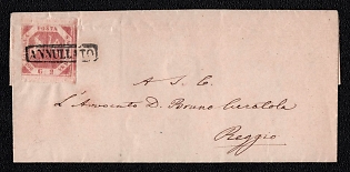 1860 (26 Jan) Letter sheet from Napoli (Naples, Italy) to Reggio (Italy), franked by 2Gr (Naples, Italy), canceled black framed "ANNULLATO" postmark. Straight-line datestamp on reverse "NAPOLI1860/26 GEN" and near arc unreadable transit postmark January 26, 1860. No arrival postmark