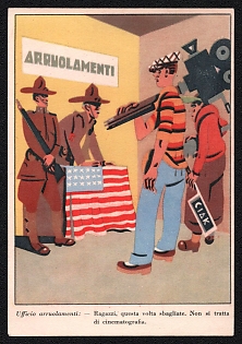 1943 Kingdom of Italy, 'Enlistment Office: Guys, you are wrong this time. This is not about cinematography', Military Picture Postard tied by Violet Cancellation