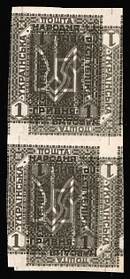 1920 1hrn Ukrainian People's Republic, Ukraine, Imperforate, Pair, DOUBLE+ INVERTED + SHIFTED Print on the Front Side, TWO Sides Printing on Map