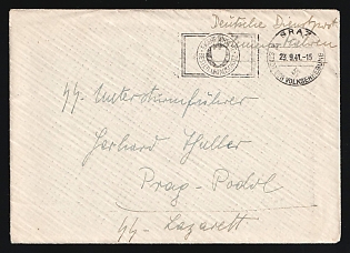1941 (23 Sep) Third Reich, Germany, SS Military Mail Stampless free tariff Cover from Graz (Austria) to SS Military HospitaI in Prague-Podoli (Czech Republic), via German Official Postal Service in Bohemia and Moravia, with round postmark 'Graz - city ​​of the people's uprising', Advertising machine postmark with a call for safety at work and at home 'Your own caution is the best protection against accidents', mirror image of the advertising machine postmark on the back side